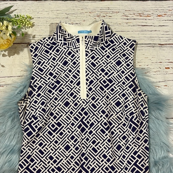 J. McLaughlin Bedford Blue Geometric Zip Neck Shift Dress - Picture 4 of 9